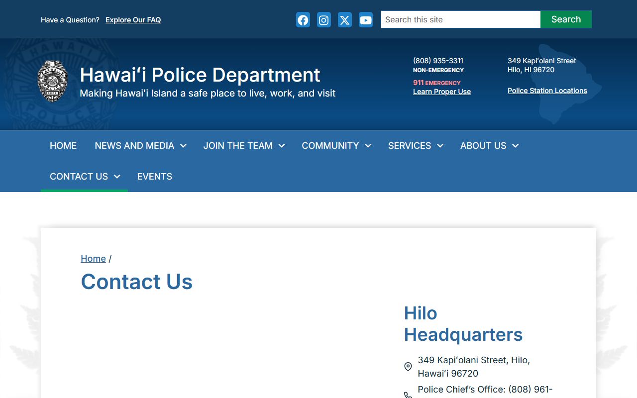 Hawaii County HPD contact page for bench warrants questions