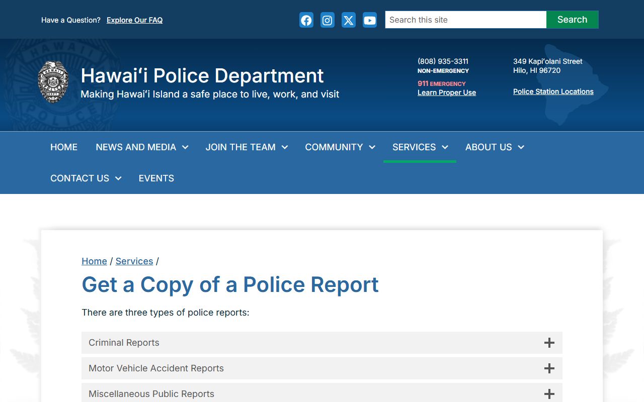 Hawaii County HPD police report page for bench warrants records