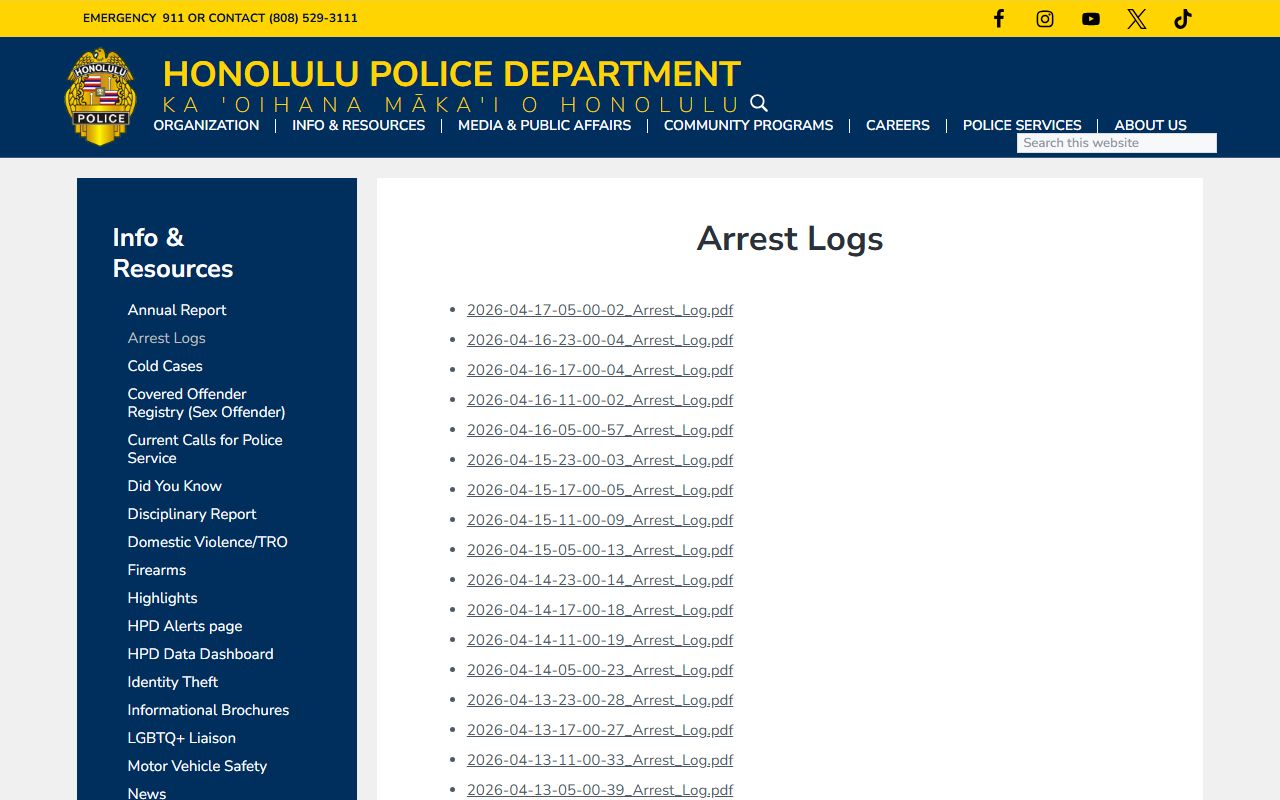 Honolulu County HPD arrest logs tied to bench warrants