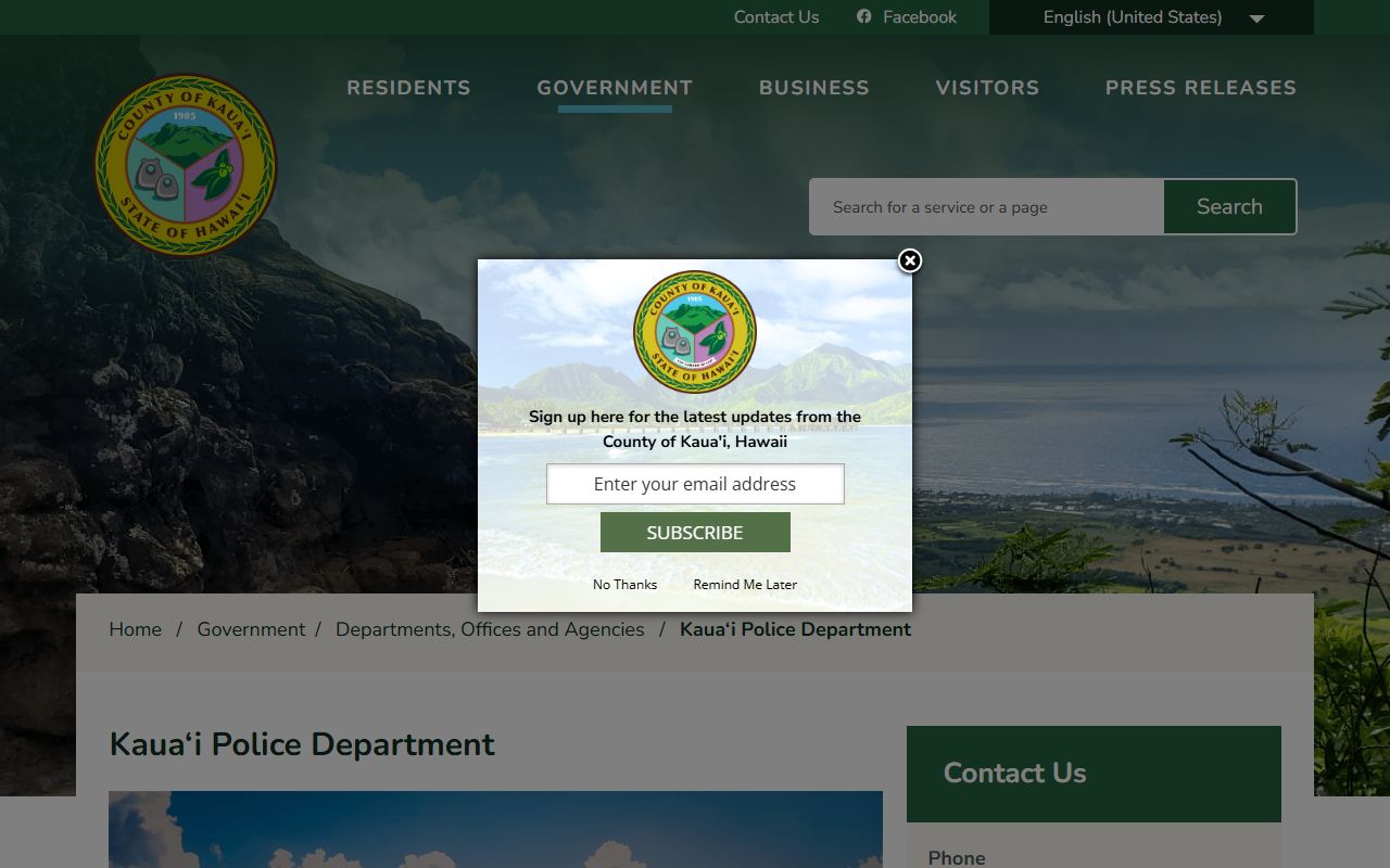 Kauai County Kauai Police Department page for bench warrants
