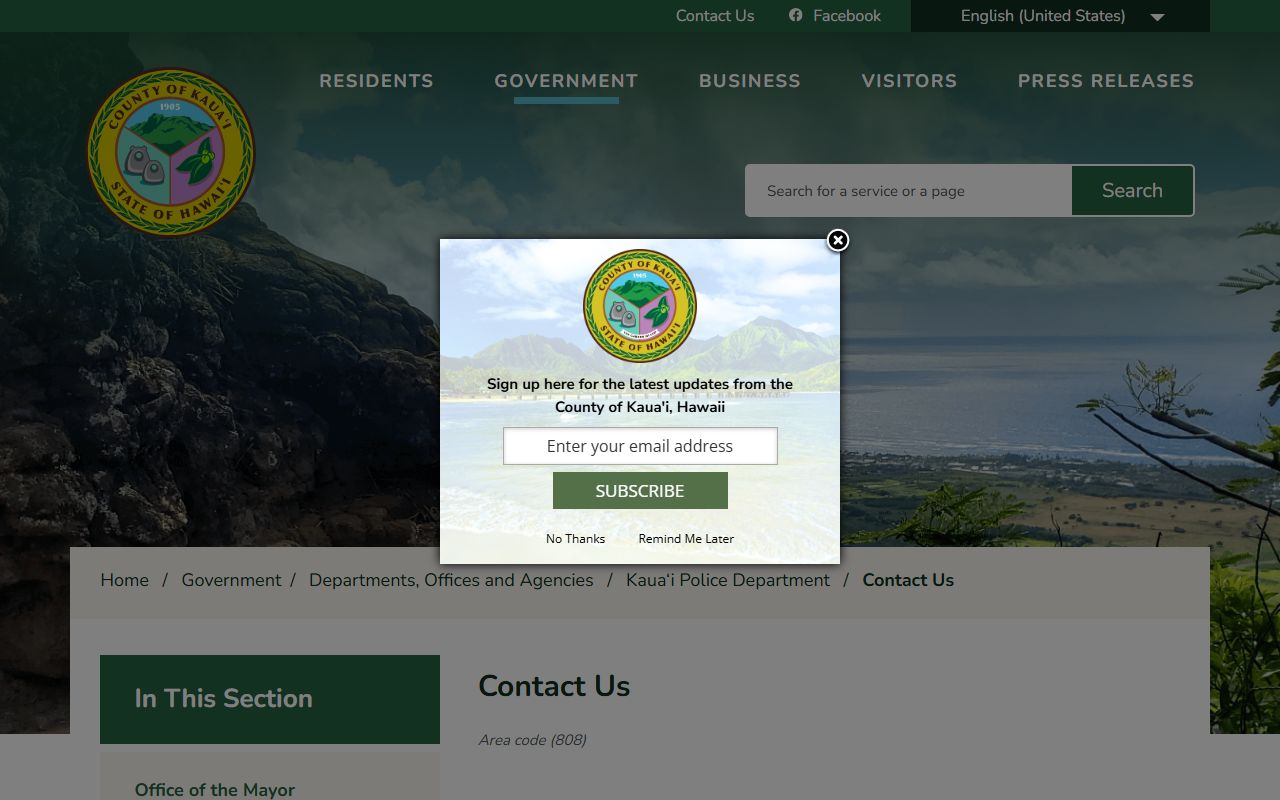 Kauai County KPD contact page for bench warrants