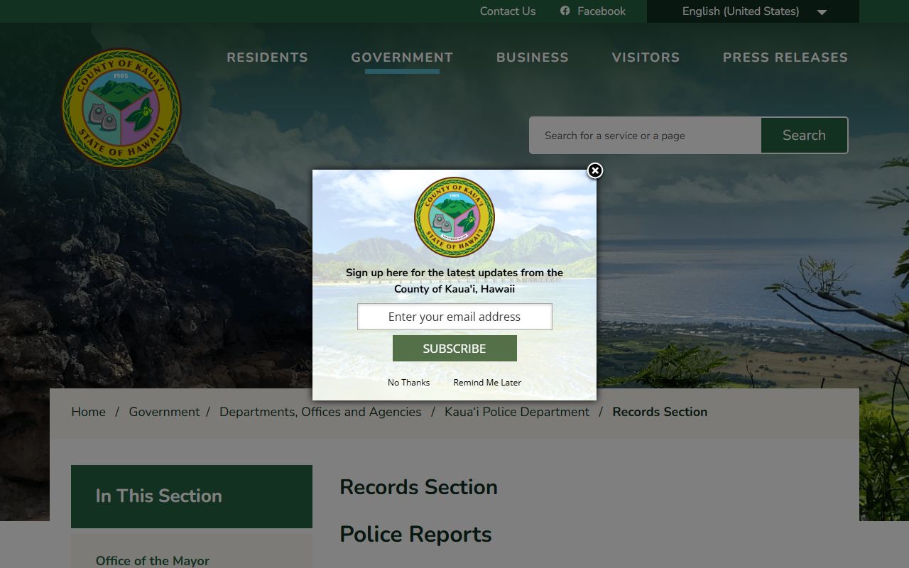 Kauai County KPD Records Section for bench warrants