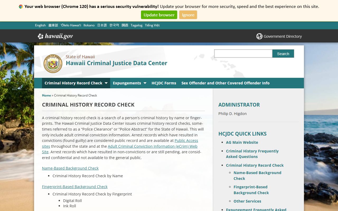 Hawaii Criminal History Record Check page related to bench warrants