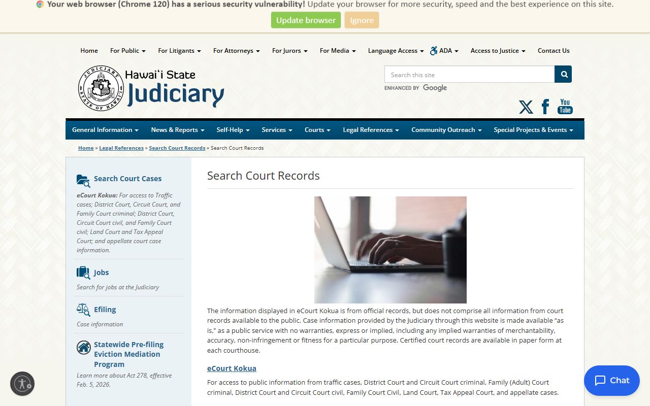 Hawaii eCourt Kokua court records search for bench warrants