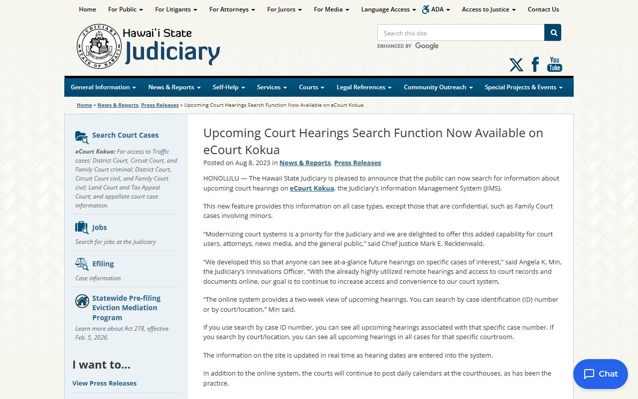 Hawaii eCourt Kokua upcoming court hearings search for bench warrants